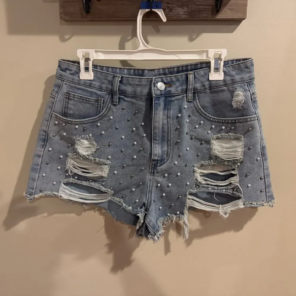 SHEIN Women's Pearl Beaded Distressed Frayed Hem Denim Shorts Size 31